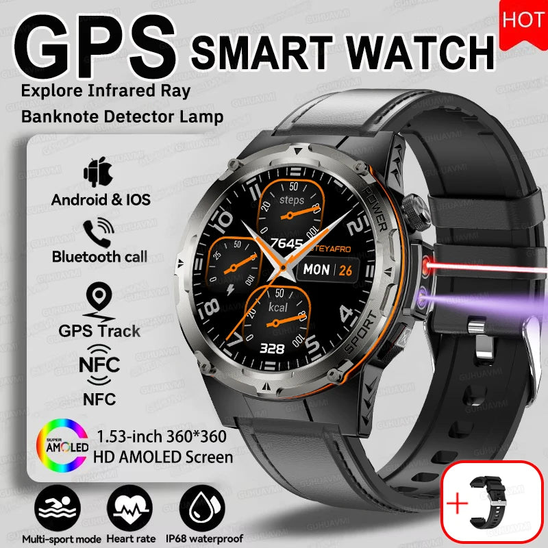 2025 Popular Outdoors GPS Sports Smart Watch Men AMOLED 3ATM IP69K Waterproof 500mAh Infrared NFC HD Call SmartWatch for Huawei