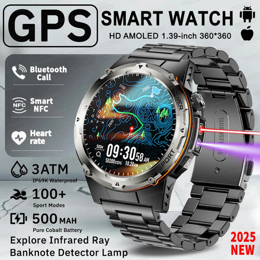 2025 Popular Outdoors GPS Sports Smart Watch Men AMOLED 3ATM IP69K Waterproof 500mAh Infrared NFC HD Call SmartWatch for Huawei