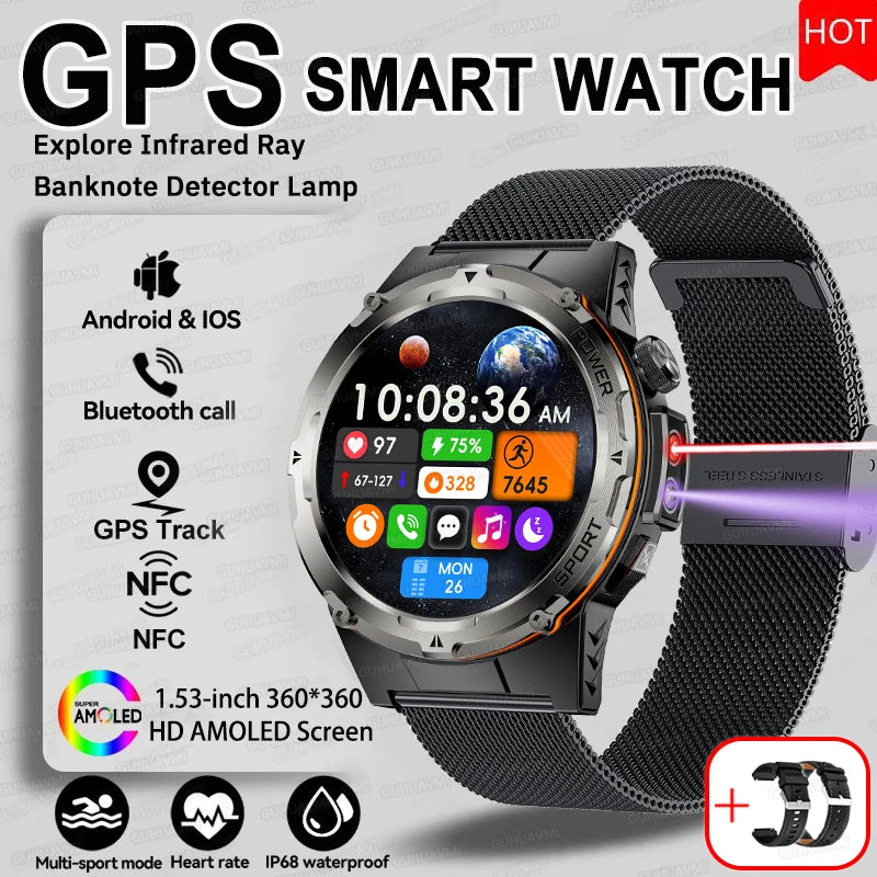 2025 Popular Outdoors GPS Sports Smart Watch Men AMOLED 3ATM IP69K Waterproof 500mAh Infrared NFC HD Call SmartWatch for Huawei