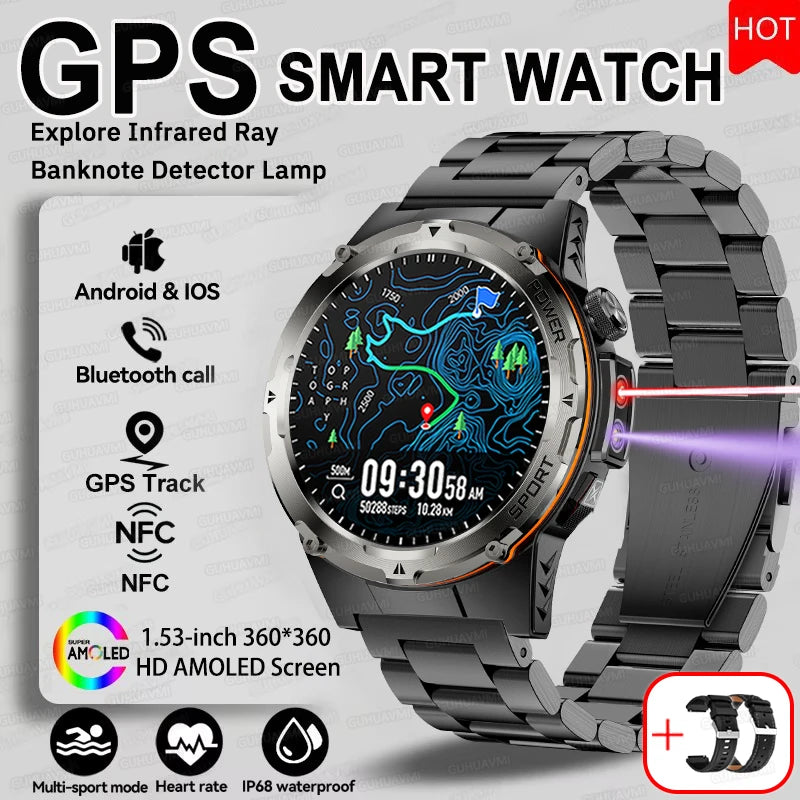 2025 Popular Outdoors GPS Sports Smart Watch Men AMOLED 3ATM IP69K Waterproof 500mAh Infrared NFC HD Call SmartWatch for Huawei