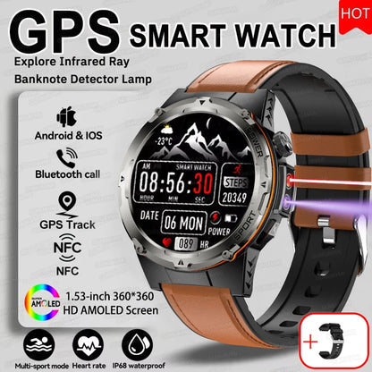 2025 Popular Outdoors GPS Sports Smart Watch Men AMOLED 3ATM IP69K Waterproof 500mAh Infrared NFC HD Call SmartWatch for Huawei